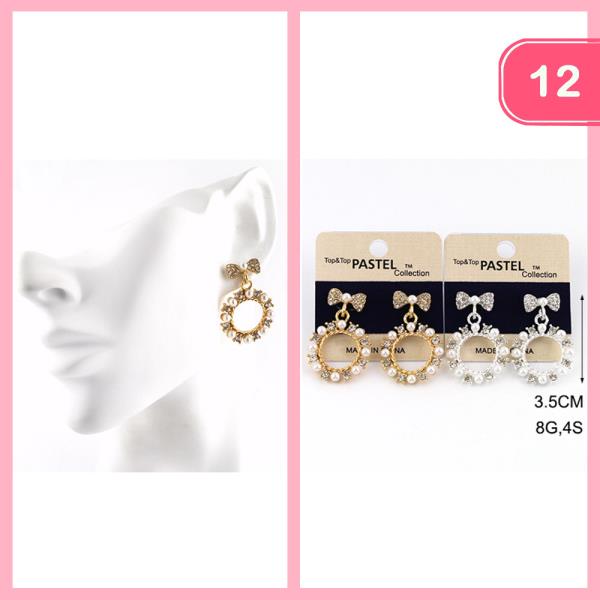 Bow Metal Pearl Dangle Post Earrings (12 Units)