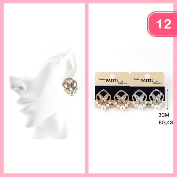 Rhinestone Butterfly Pearl Earring (12 Units)