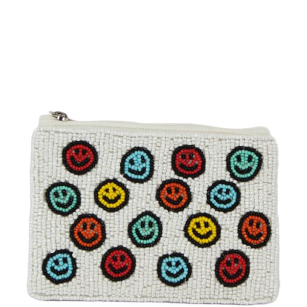 Happy Face Graphic Seed Bead Coin Purse Bag