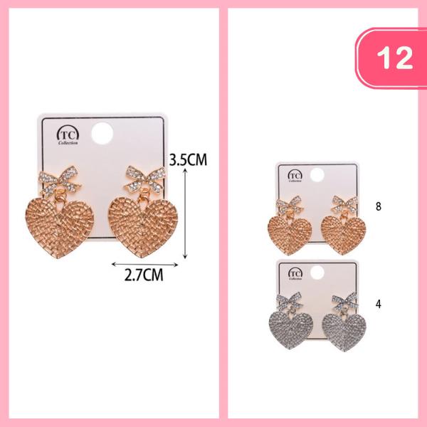 Rhinestone Bow Heart Earrings (12 Units)