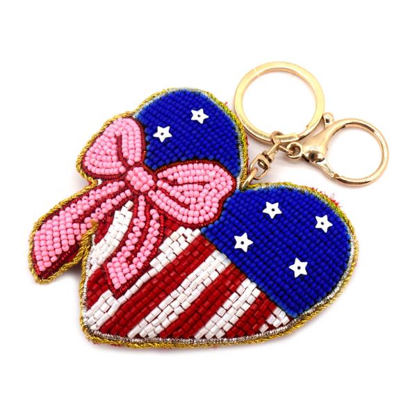 SEED BEAD AMERICAN FALG HEART BOW BAG CHARM KEYCHAIN