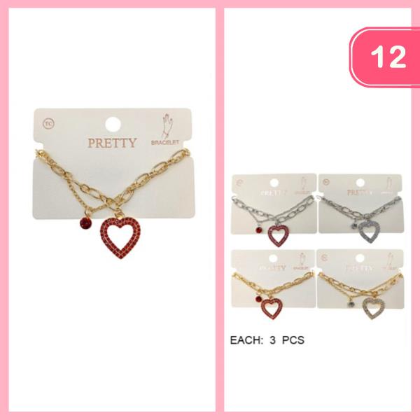 Rhinestone Bow Heart Pendant Bracelet (12 Units)