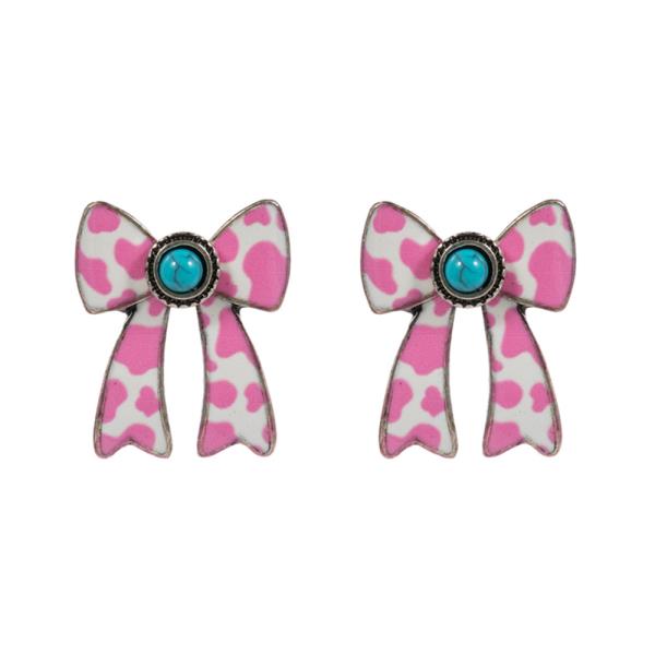 Bow Enamel W Cow Prints And Faux Stone Earring
