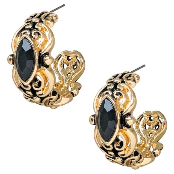 TAILORED CUTOUT FILIGREE TEXTURED WITH STONE HOOP EARRING