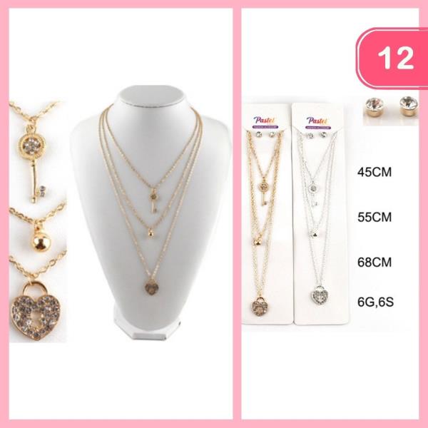 Rhinestone Lock Key Pendant Necklace (12 Units)