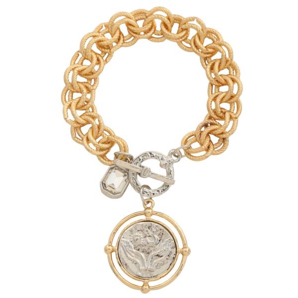 Two Tone Medallion Crystal Toggle Clasp Bracelet
