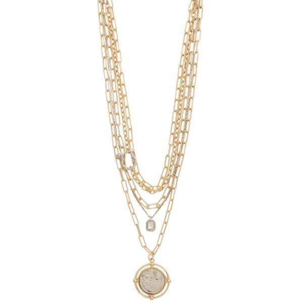 Two Tone Medallion Chain Layered Metal Necklace