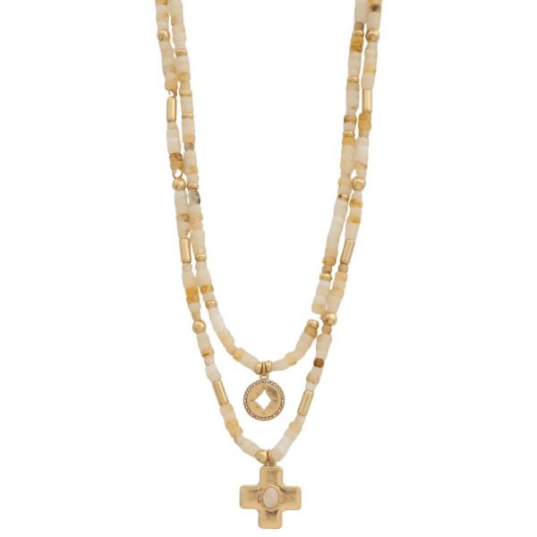 Cross Coin Charm Beaded Layered Necklace