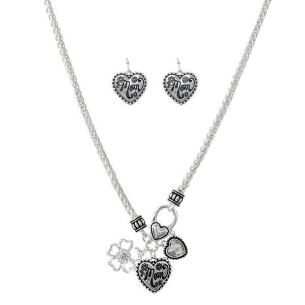 Mom Heart Flower Charm Metal Necklace