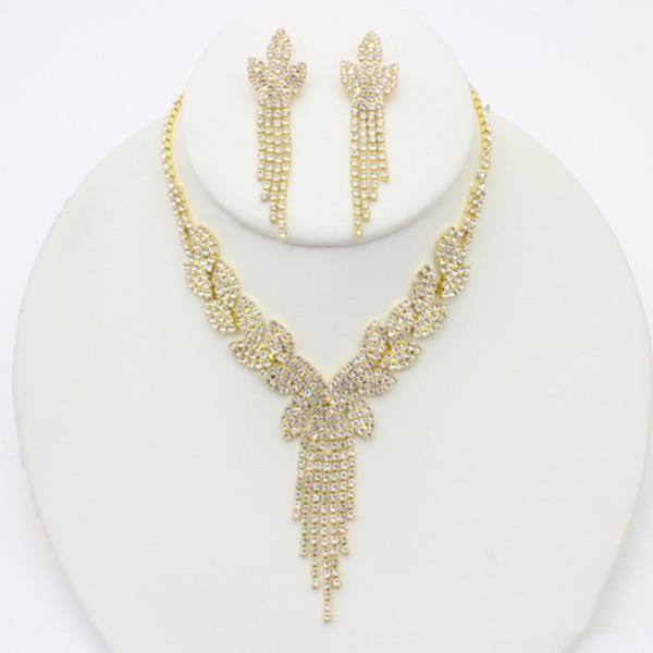 Rhinestone Y Fringe Necklace Earring Set