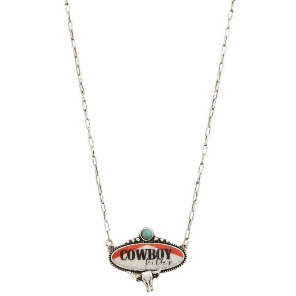COWBOY CATTLE HEAD CHARM OVAL PENDANT NECKLACE