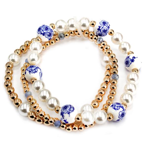 Pearl Bead Metal Ball Floral Stretch Bracelet Set