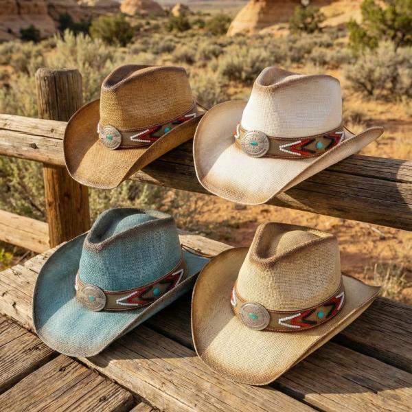 Straw Hat with Beaded Band and Turquoise Concho