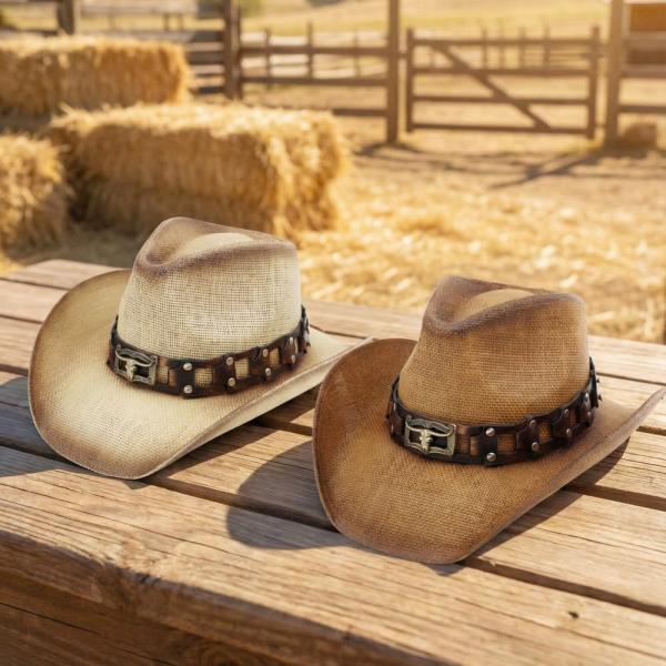 RUGGED STUDDED BAND COWBOY HAT WITH LONGHORN BUCKLE