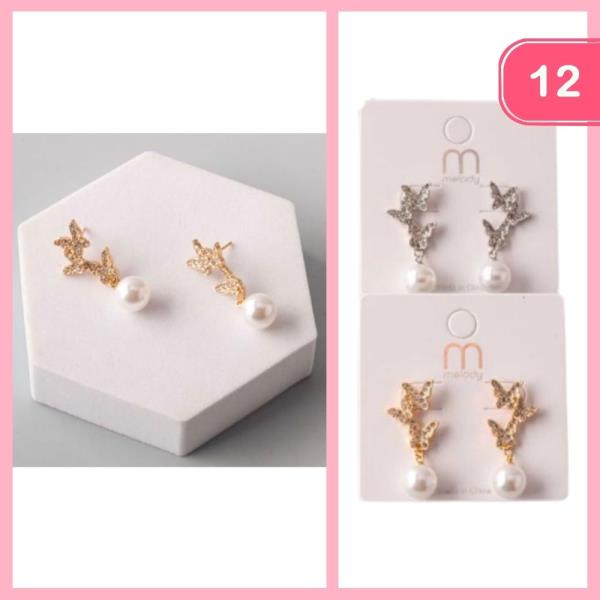 Triple Butterfly Pearl Drop Earring (12 Units)