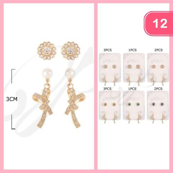 Rhinestone Bow Pearl Post Earring Set (12 Units)