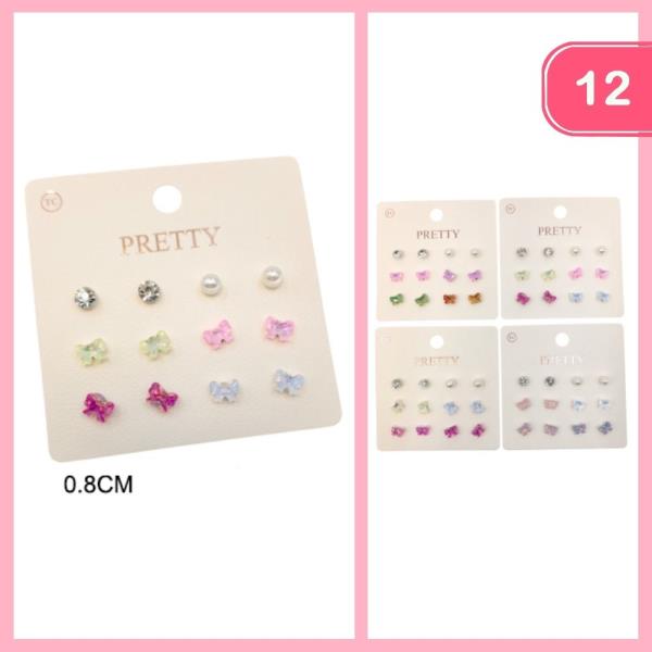 Bow Pearl Post Earrings Set (12 Units)