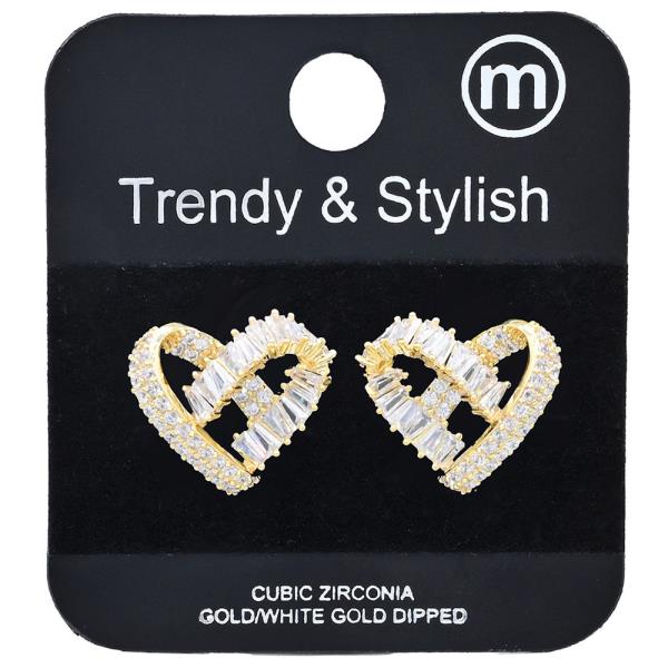 BRASS BAGUETTE CZ HEART POST EARRING