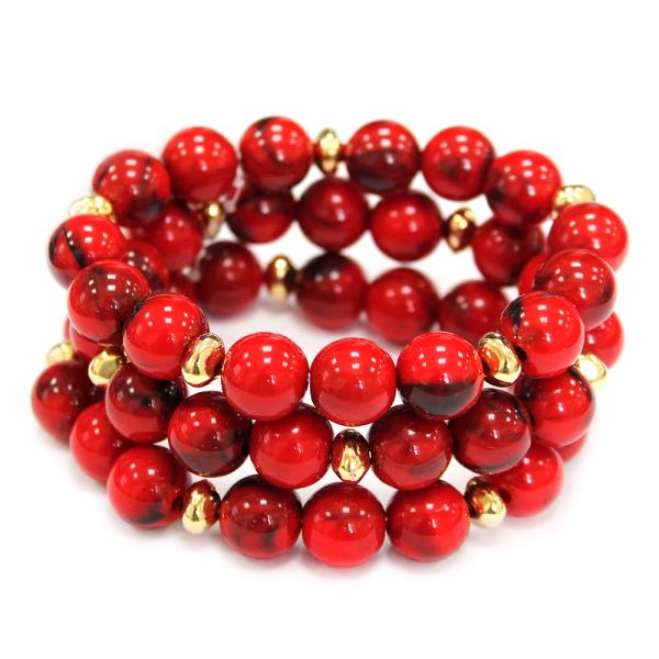 Round Stone Bead Multi Row Stretch Bracelet Set