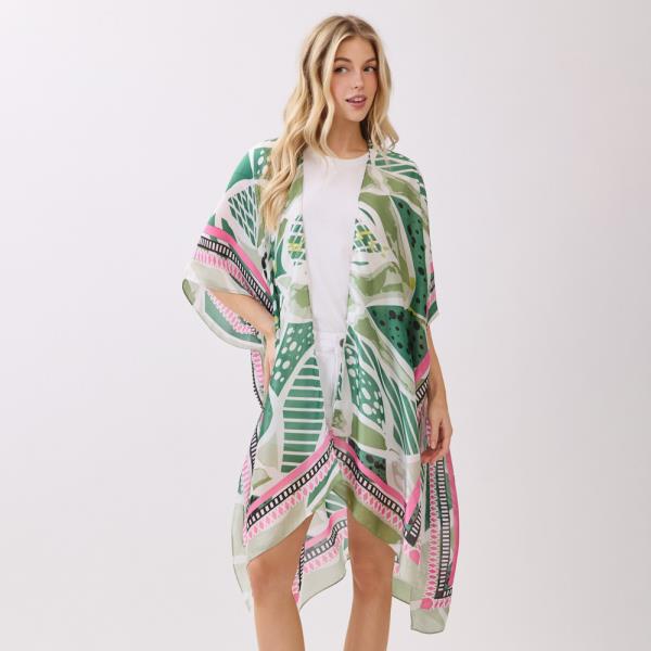 Abstract Botanical Print Silky Feel Kimono