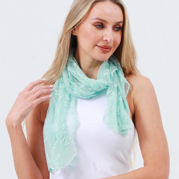 Mesh Embroidered Oblong Scarf Sheer Lightweight