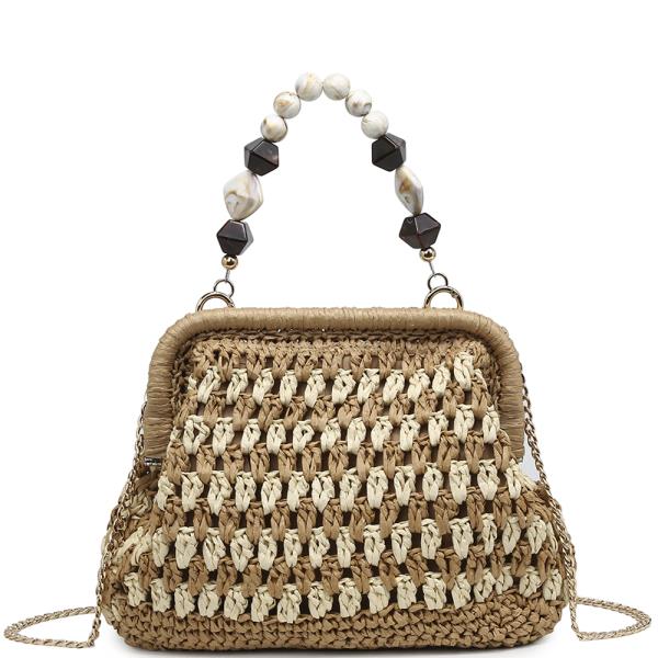 Modern Woven Straw Bead Handle Crossbody Bag