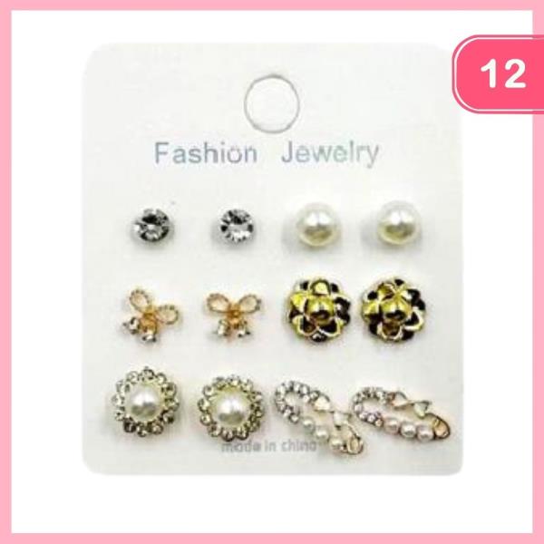 Bow Flower Pearl Rhinestone Earring (12 Units)