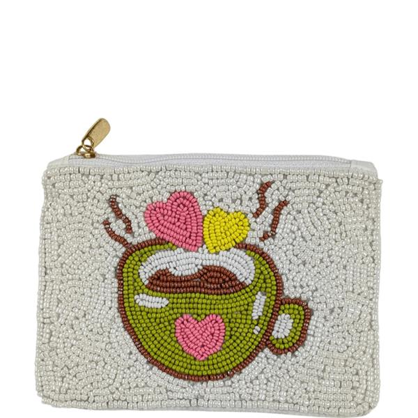 Seed Bead Coffee Cup Heart Coin Purse Pouch Bag
