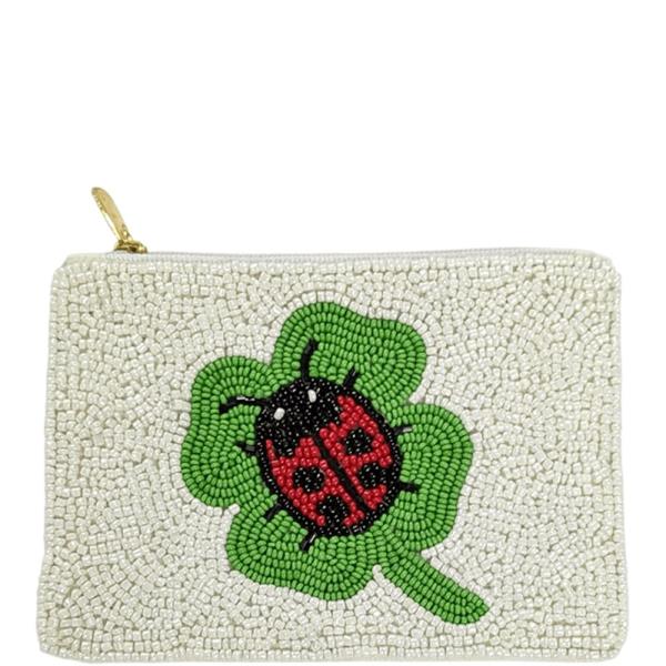Seed Bead Ladybug Clover Coin Purse Pouch Bag