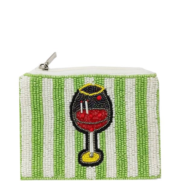 Seed Bead Wine Glass Stripe Coin Purse Pouch Bag