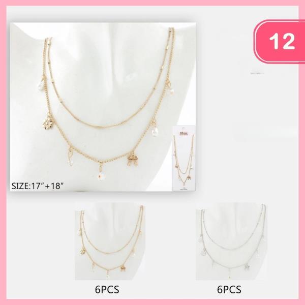 Layered Flower Bow Pearl Charm Necklace (12 Units)