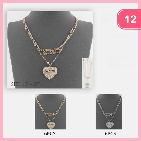 Rhinestone Mom Heart XOXO Necklace (12 Units)