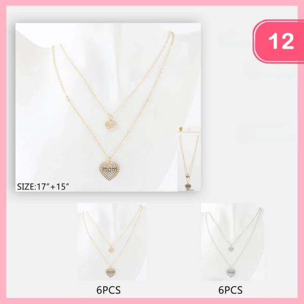 Rhinestone Heart Mom Pendant Necklace (12 Units)