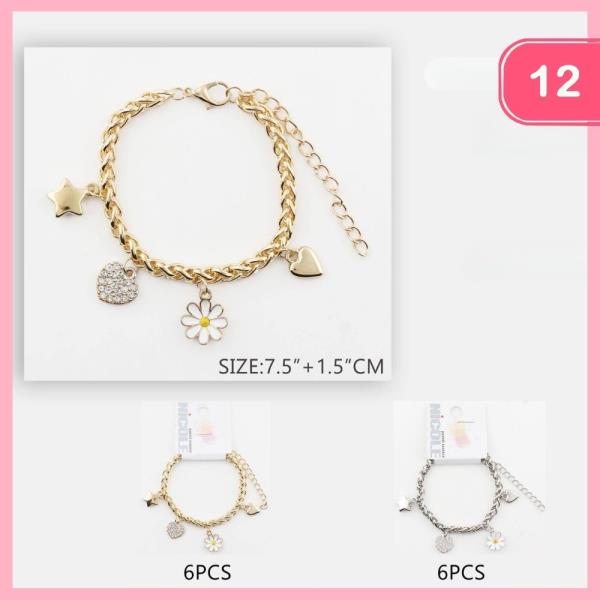 Rhinestone Heart Flower Charm Bracelet (12 Units)
