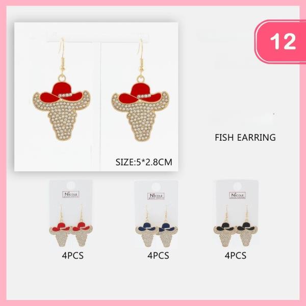 Rhinestone Cowgirl Hat Bull Earrings (12 Units)