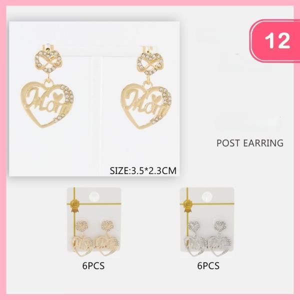 Rhinestone Heart Mom Dangle Earrings (12 Units)