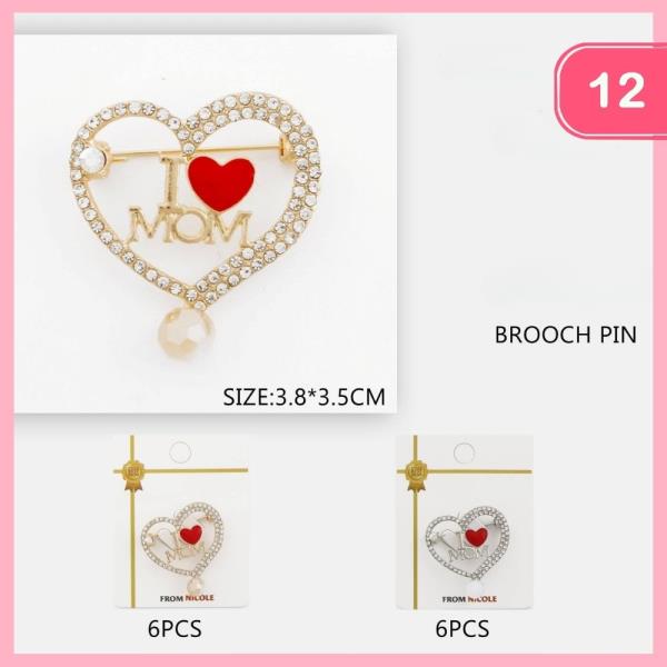 Rhinestone Heart I Love Mom Brooch (12 Units)
