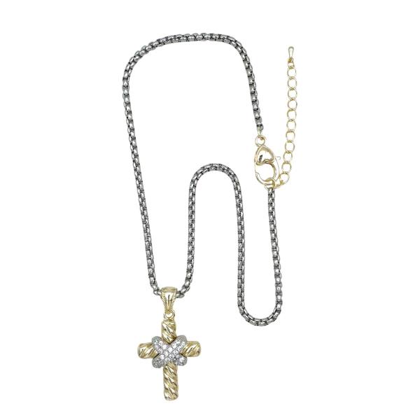 Box Chain Two Tone CZ Pave Cross Necklace