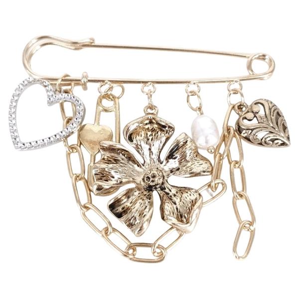 Flower Heart Multi Charm Chain Metal Pin