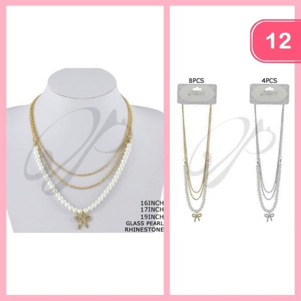 Glass Pearl Rhinestone Bow Necklace (12 Units)