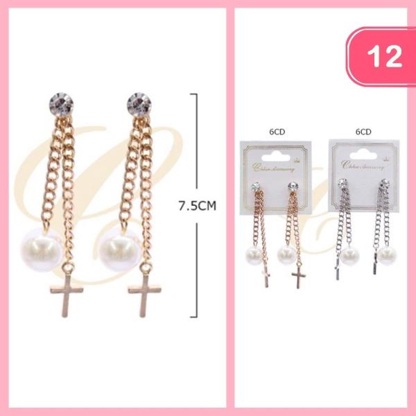 Rhinestone Chain Pearl Cross Earrings (12 Units)