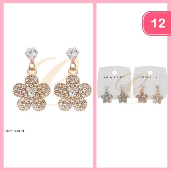 Rhinestone Flower Dangle Earrings (12 Units)