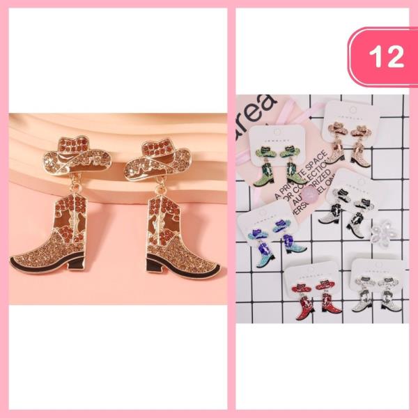 Rhinestone Cowboy Hat Boots Earrings (12 Units)