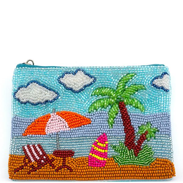 Seed Bead Beach Umbrella Palm Tree Coin Purse Bag