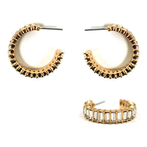 ROUND METAL WITH STONE HOOP EARRINGS