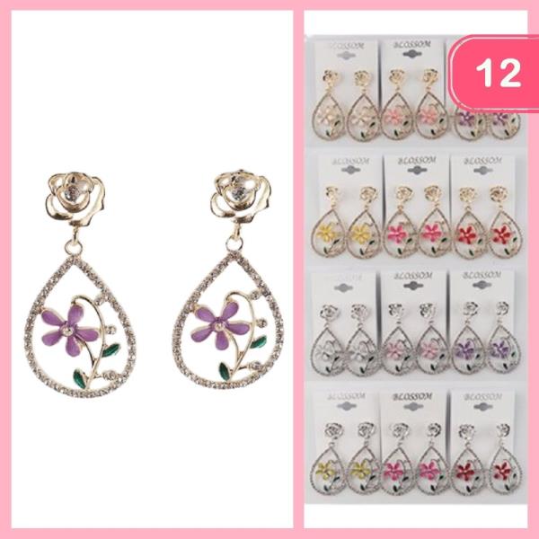 Rhinestone Flower Dangle Earrings (12 Units)