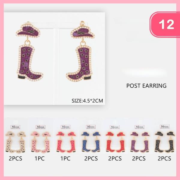 Rhinestone Hat Boot Star Earrings (12 Units)