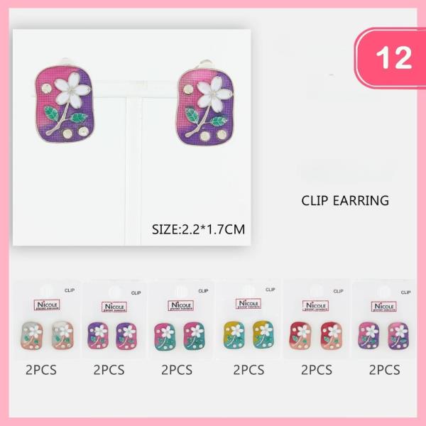 Enamel Rhinestone Flower Clip Earring (12 Units)