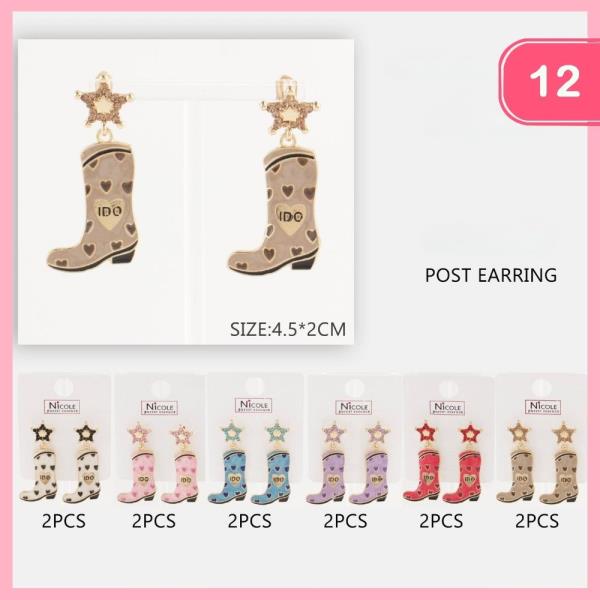 Western Boots Heart Post Star Earrings (12 Units)