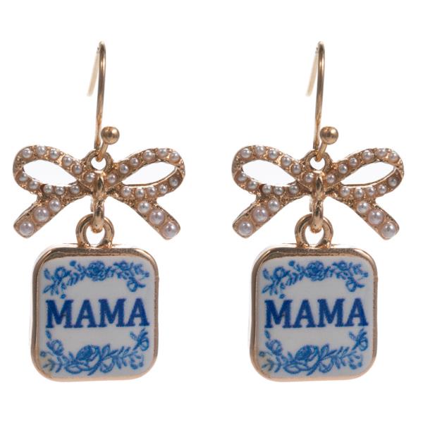 Bow Shaped Pearl Pave W Mama Printed Earrings